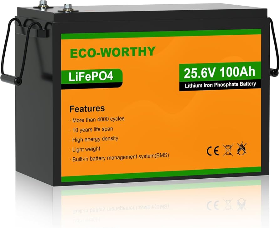 Lote 49:ECO-WORTHY 24 V 100 Ah LiFePO4 Batería de litio recargable con más de 3000 ciclos profundos y protección BMS para sistemas solares, campistas, barcos, casas, kits de paneles solares y campings. P.v.P:500€ Estado Nuevo con caja