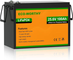 Lote 49:ECO-WORTHY 24 V 100 Ah LiFePO4 Batería de litio recargable con más de 3000 ciclos profundos y protección BMS para sistemas solares, campistas, barcos, casas, kits de paneles solares y campings. P.v.P:500€ Estado Nuevo con caja